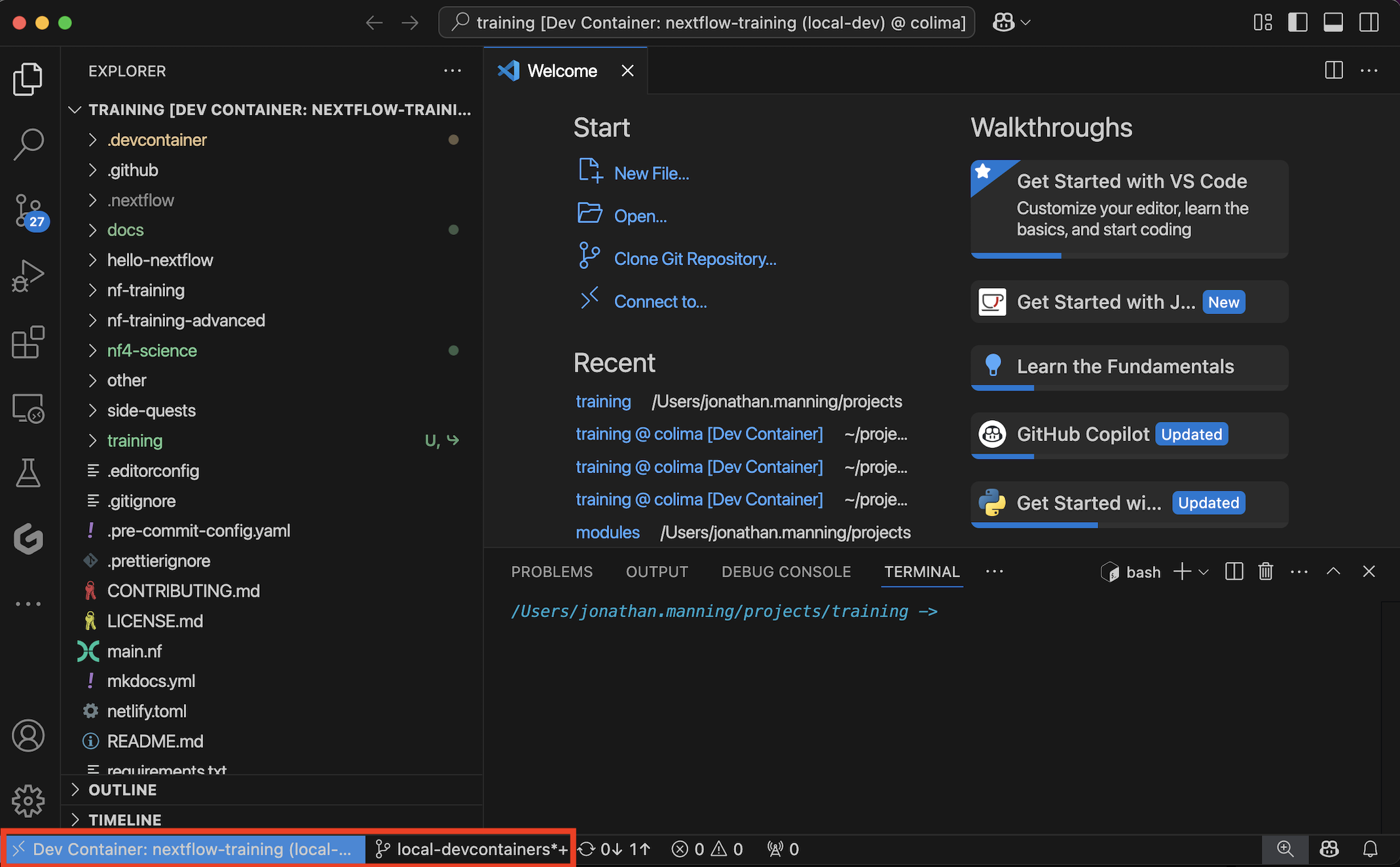 VS Code com devcontainer em execução