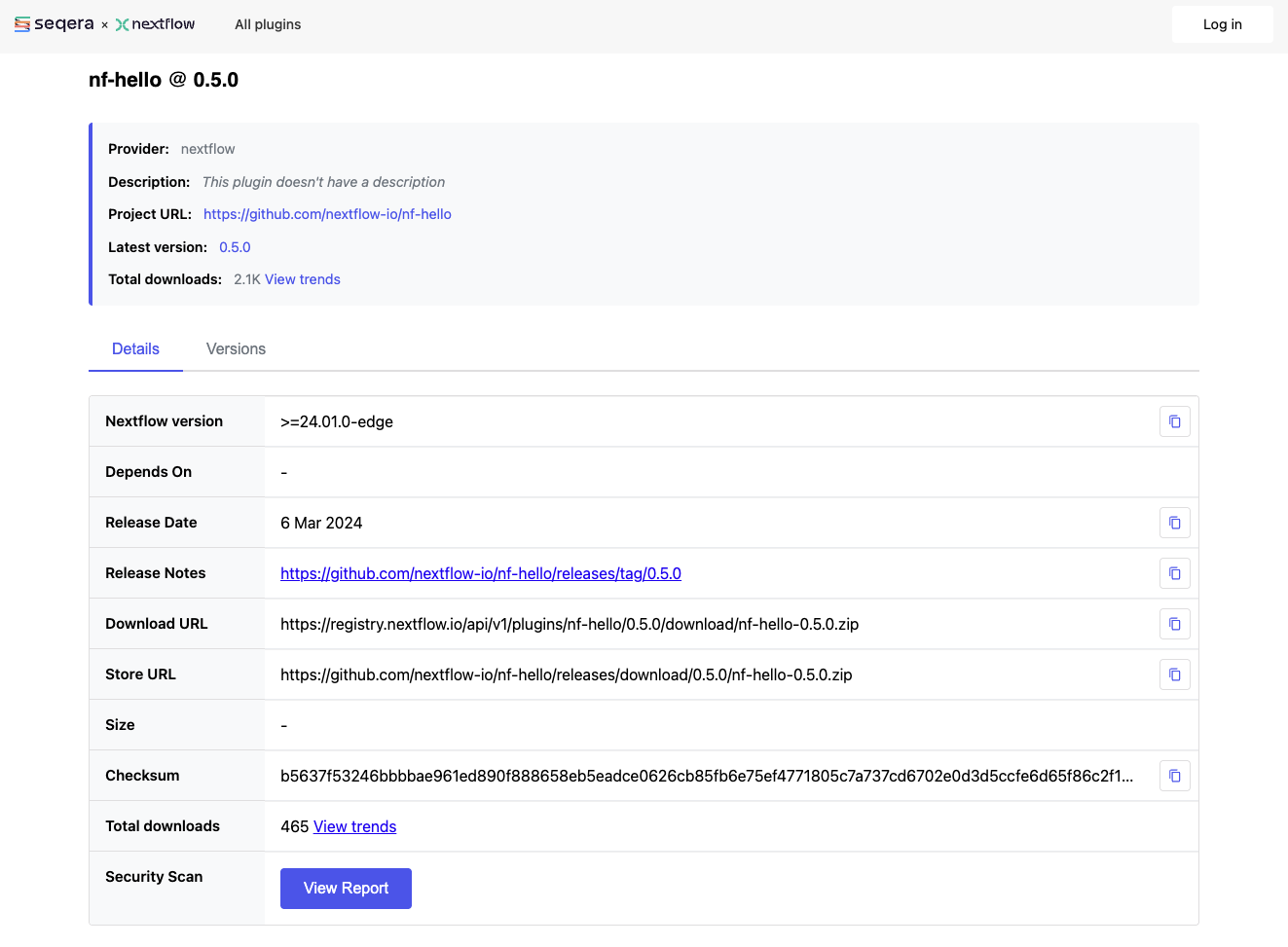 The nf-hello plugin page on registry.nextflow.io